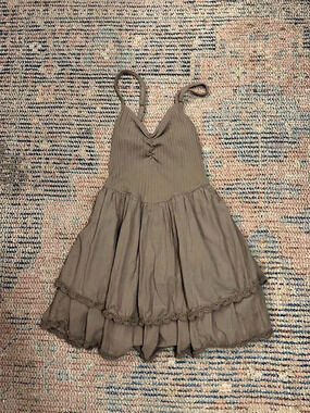 Aerie "At The Barre" Ribbed Ruffle Babydoll Mini Dress - Taupe Brown 100% Cotton
